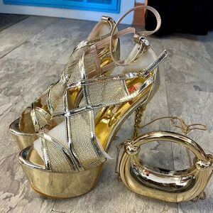 Women's Mesh Stiletto High Heel Platform Dancing Shoes Gold 9